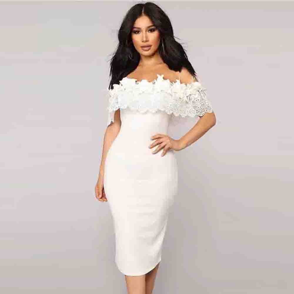 Ocstrade 2020 Summer New Off the Shoulder Dress Bandage White Bodycon Bandage Party Sexy Lace Celebrity Evening Party Dress