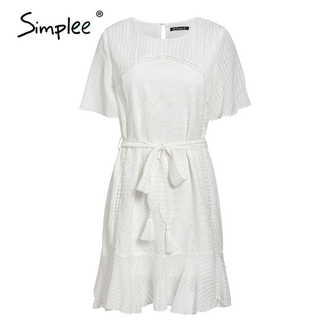 Simplee Casual white women summer ruffle dress Elegant cotton embroidery female short sundress Holiday A line ladies mini dress