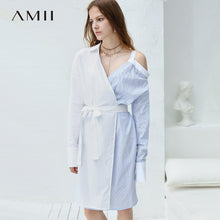 Load image into Gallery viewer, Amii Minimalist V-neck Dress Autumn Women Sling Lapel Stripe Female Shirt Dresses 11870202
