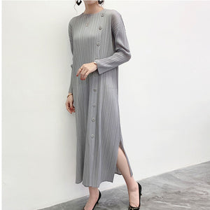 LANMREM LANMREM 2020 new spring summer pleaeted dress for women round collar single breasted vent hem dress long sleeve YJ26601