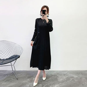 LANMREM LANMREM 2020 new spring summer pleaeted dress for women round collar single breasted vent hem dress long sleeve YJ26601