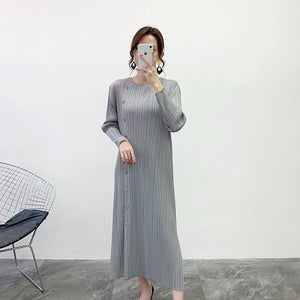 LANMREM LANMREM 2020 new spring summer pleaeted dress for women round collar single breasted vent hem dress long sleeve YJ26601