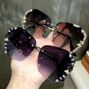 High Quality Luxury Vintage Bee Sunglasses Women Rhinestone Gradient Sun Glasses Rimless Retro Eyeglasses Gafas De Sol Mujer