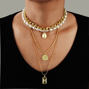 Europe And America Cross Border New Products Accessories Versatile Multilayer Pearl Necklace Women's Coin Pendant Sweater Chain